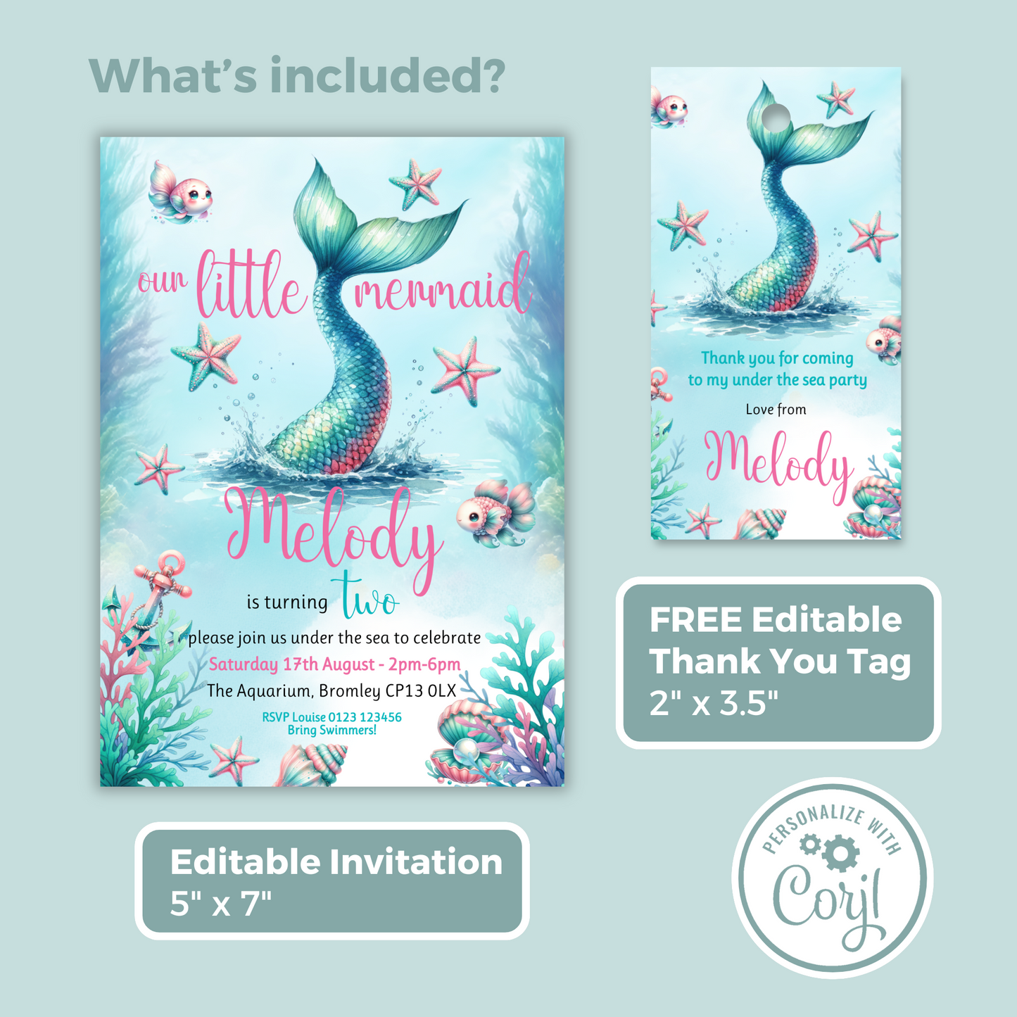 Editable Birthday Invitation and FREE Thank You Tag - Mermaid Tail