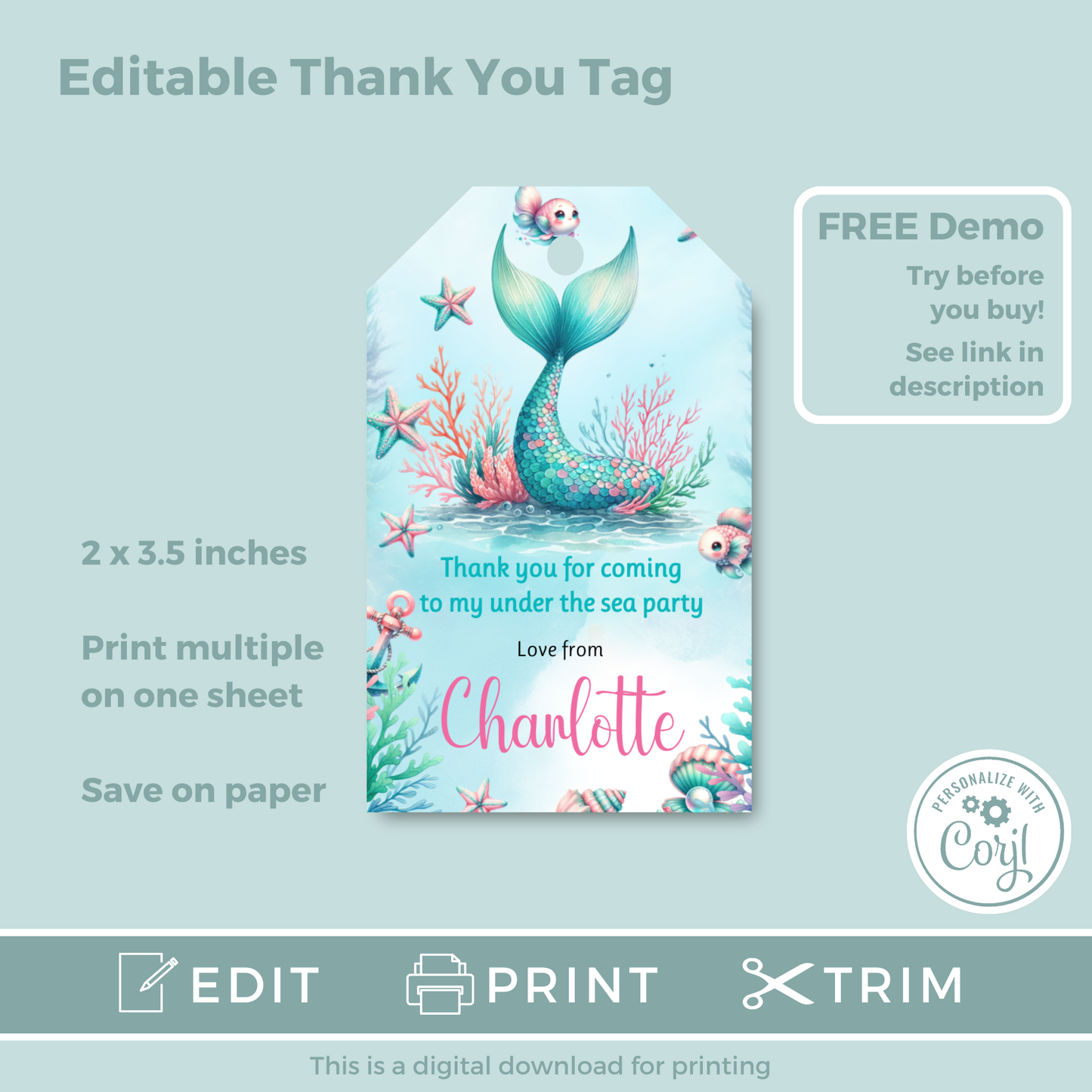 Editable Birthday Thank You Tag - Mermaid Tail