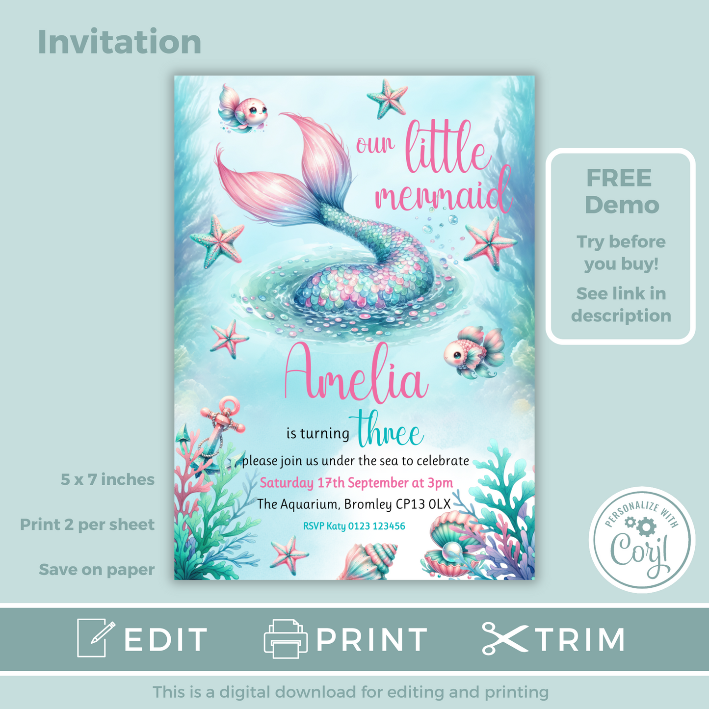 Editable Birthday Invitation and FREE Thank You Tag - Mermaid Tail