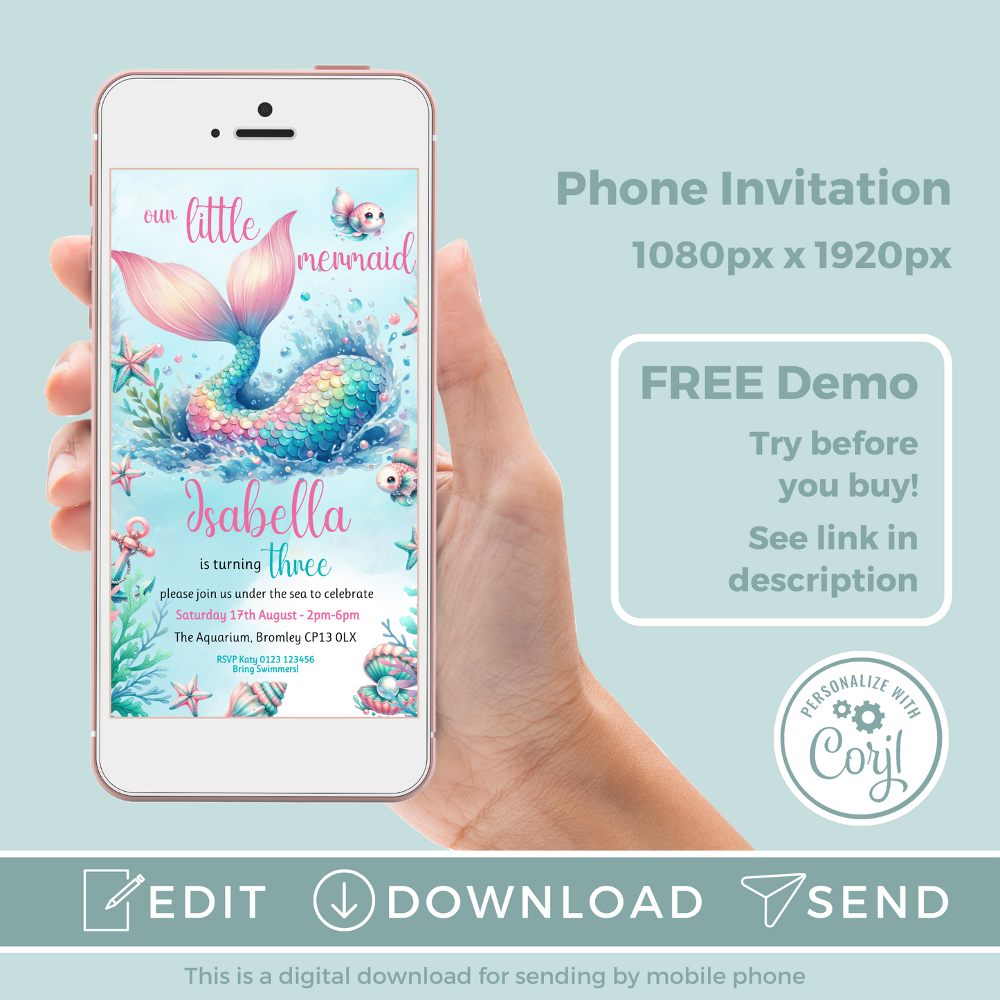 Editable Evite Birthday Invitation and FREE Thank You Tag - Mermaid Tail