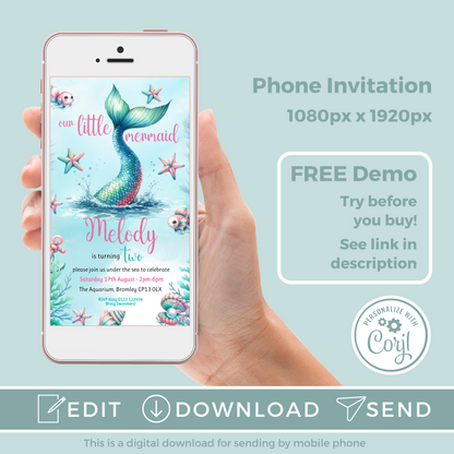 Editable Evite Birthday Invitation and FREE Thank You Tag - Mermaid Tail