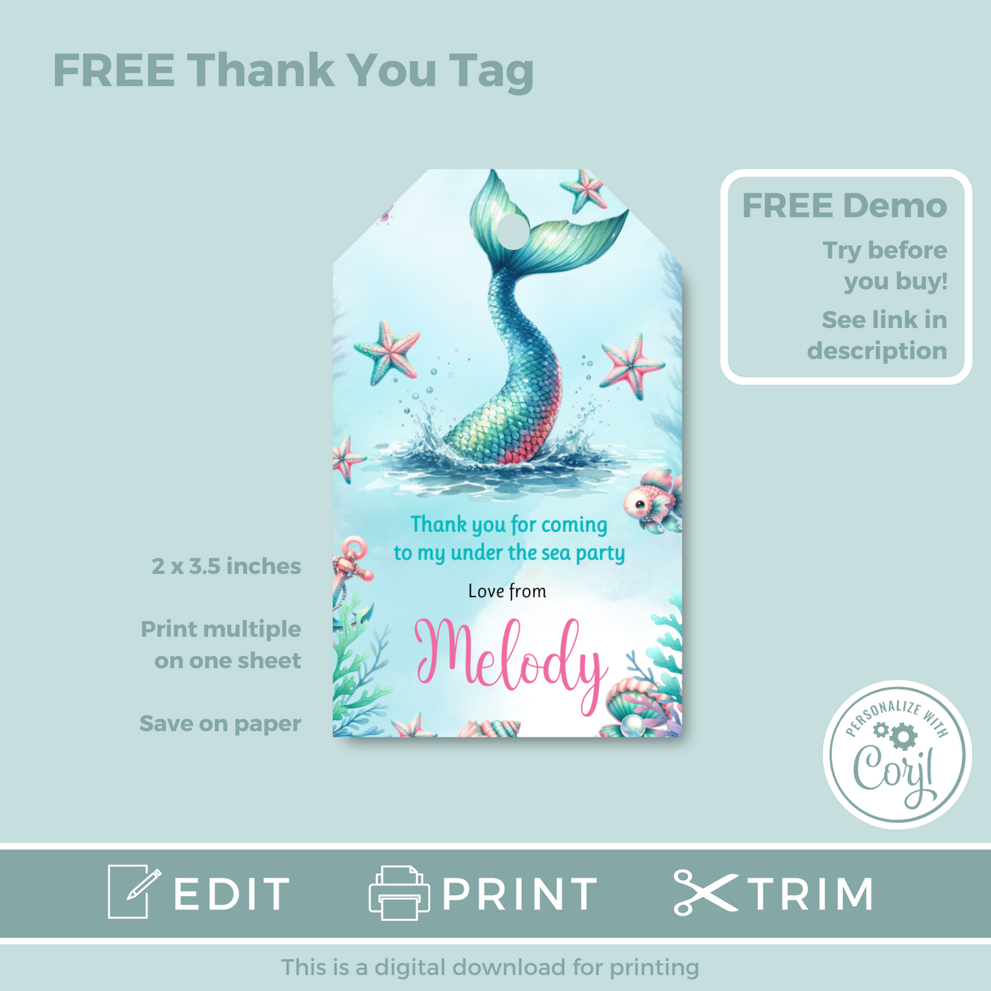 Editable Evite Birthday Invitation and FREE Thank You Tag - Mermaid Tail