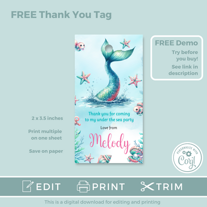 Editable Birthday Invitation and FREE Thank You Tag - Mermaid Tail
