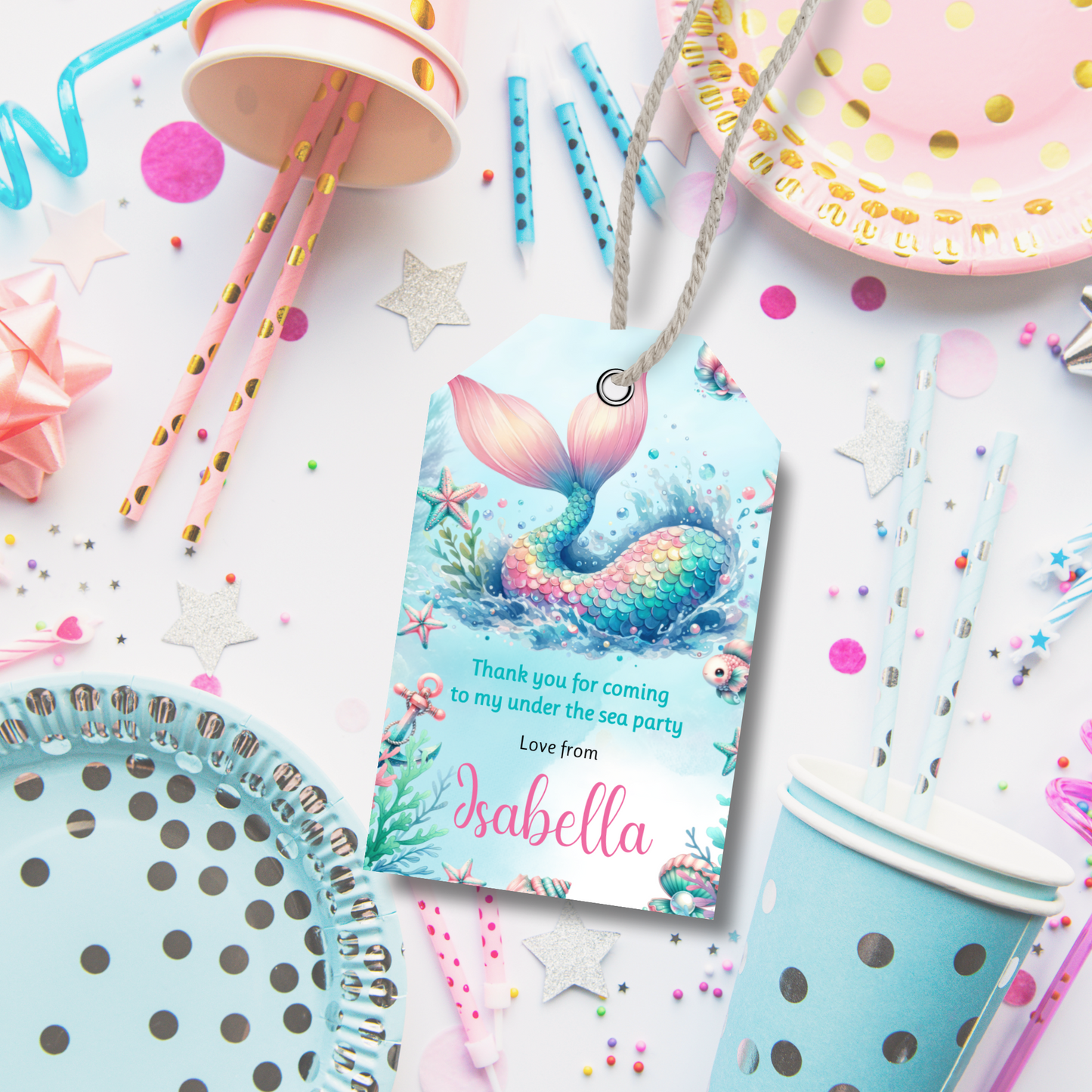 Editable Birthday Thank You Tag - Mermaid Tail