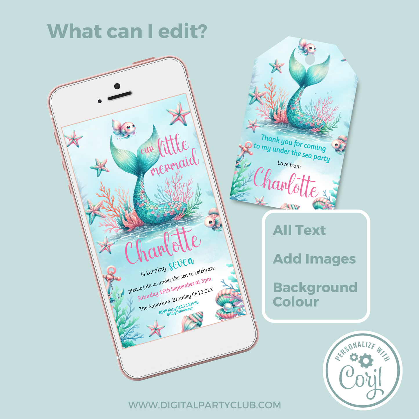 Editable Evite Birthday Invitation and FREE Thank You Tag - Mermaid Tail