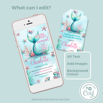 Editable Evite Birthday Invitation and FREE Thank You Tag - Mermaid Tail