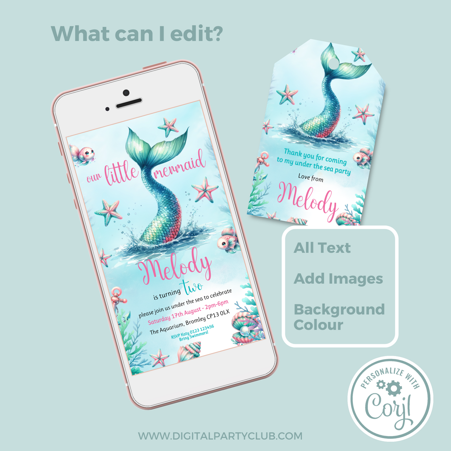 Editable Evite Birthday Invitation and FREE Thank You Tag - Mermaid Tail