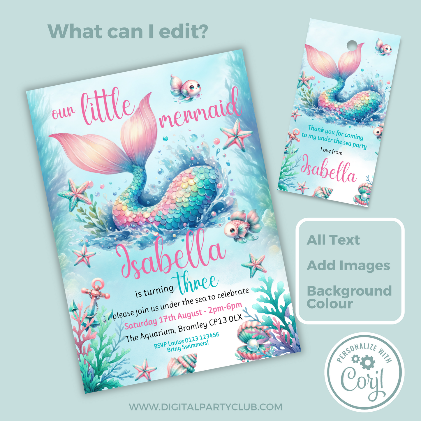 Editable Birthday Invitation and FREE Thank You Tag - Mermaid Tail