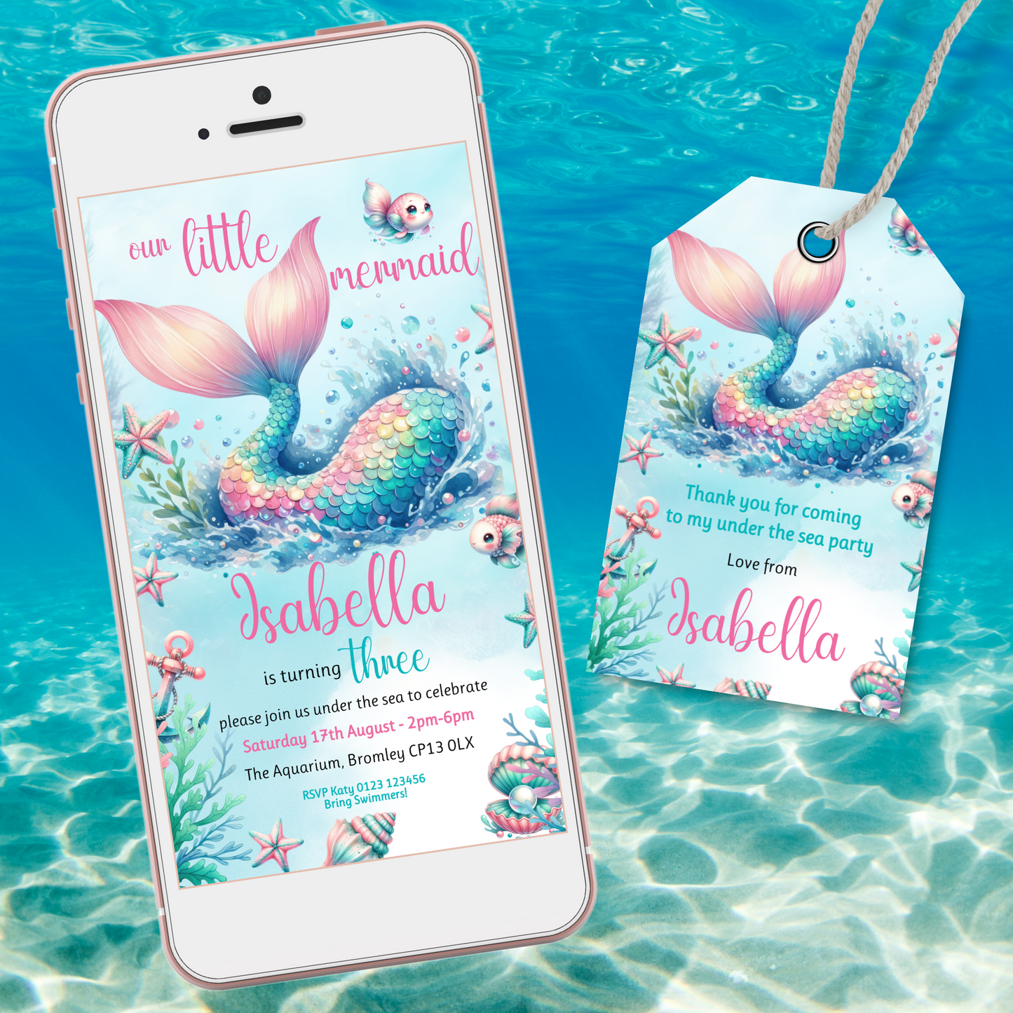 Editable Evite Birthday Invitation and FREE Thank You Tag - Mermaid Tail