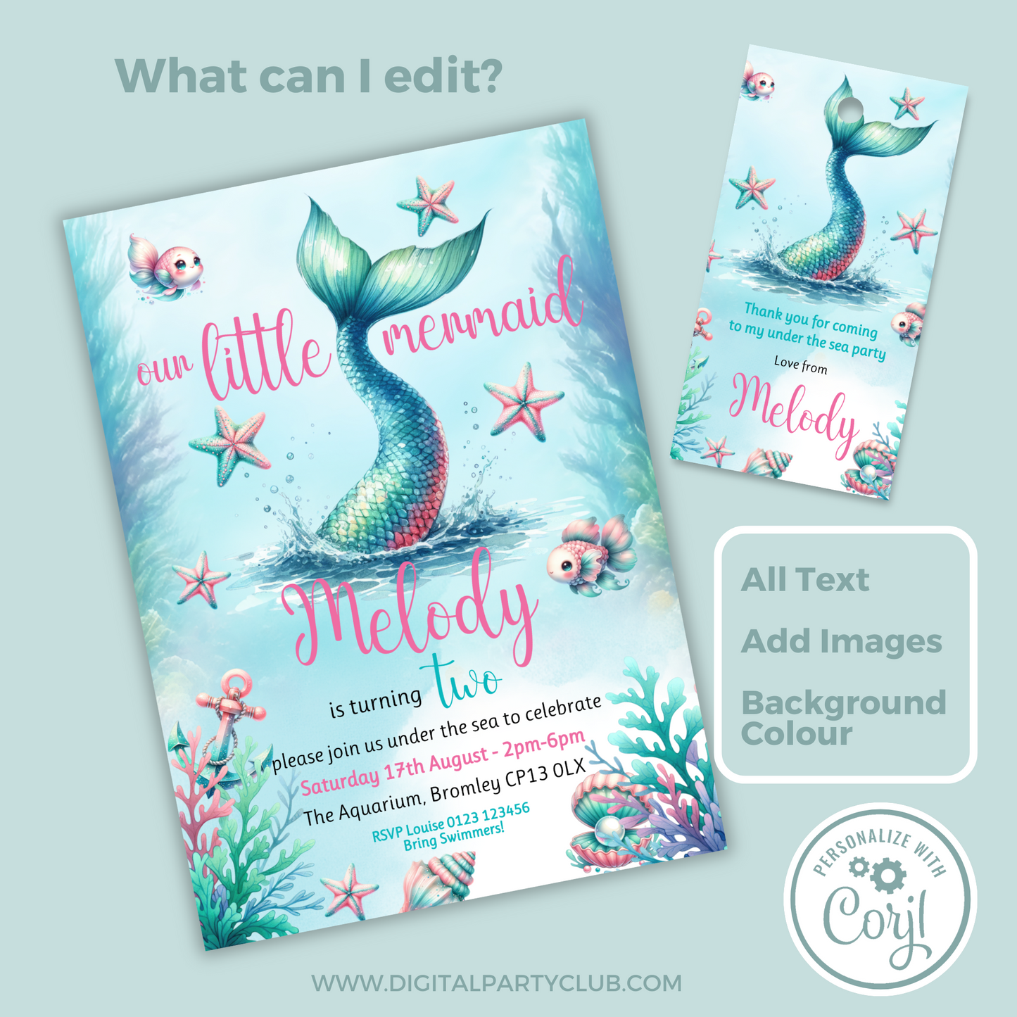 Editable Birthday Invitation and FREE Thank You Tag - Mermaid Tail