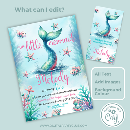 Editable Birthday Invitation and FREE Thank You Tag - Mermaid Tail