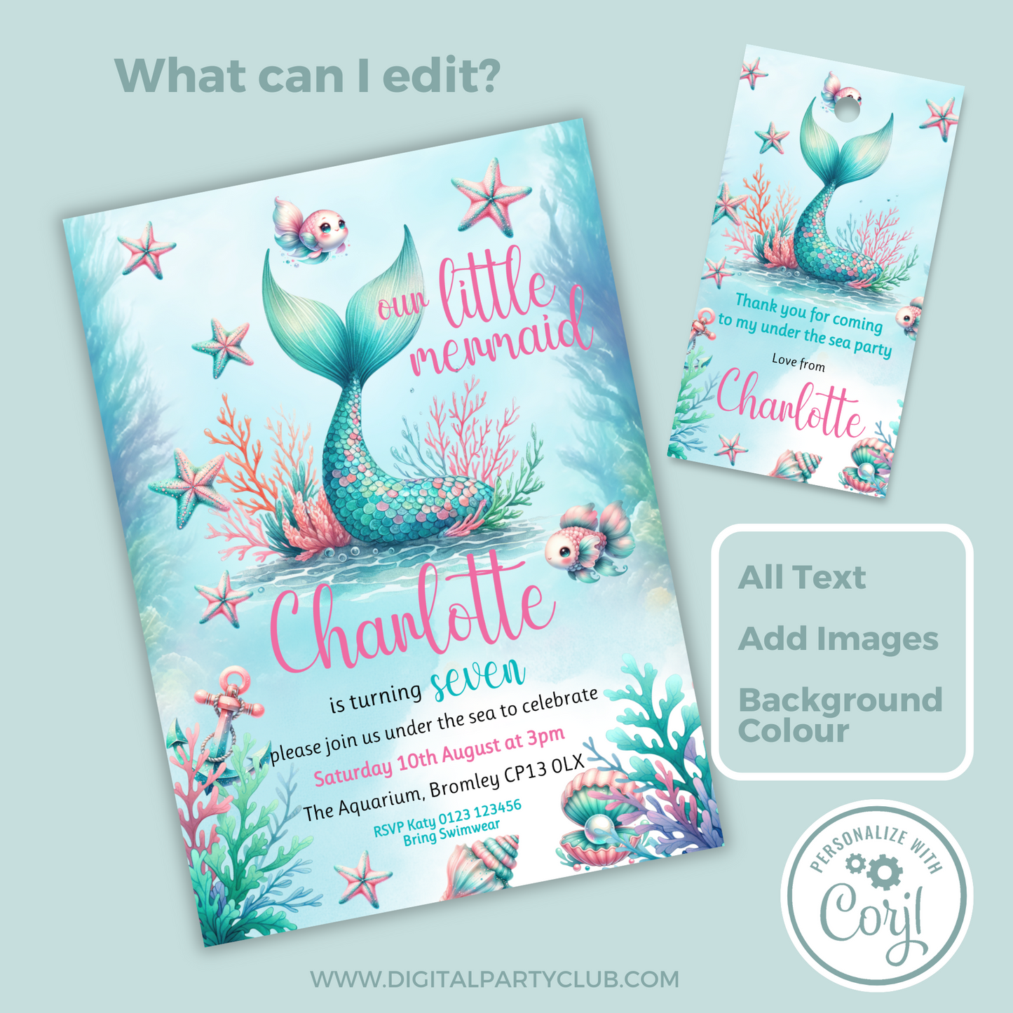 Editable Birthday Invitation and FREE Thank You Tag - Mermaid Tail