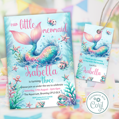 Editable Birthday Invitation and FREE Thank You Tag - Mermaid Tail