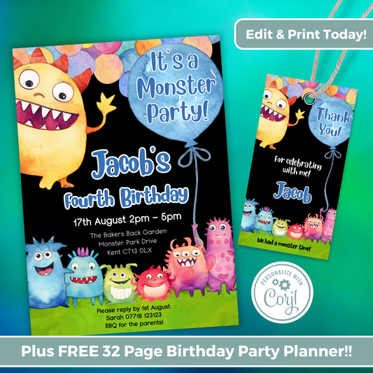 Editable Birthday Invitation and FREE Thank You Tag - Monster