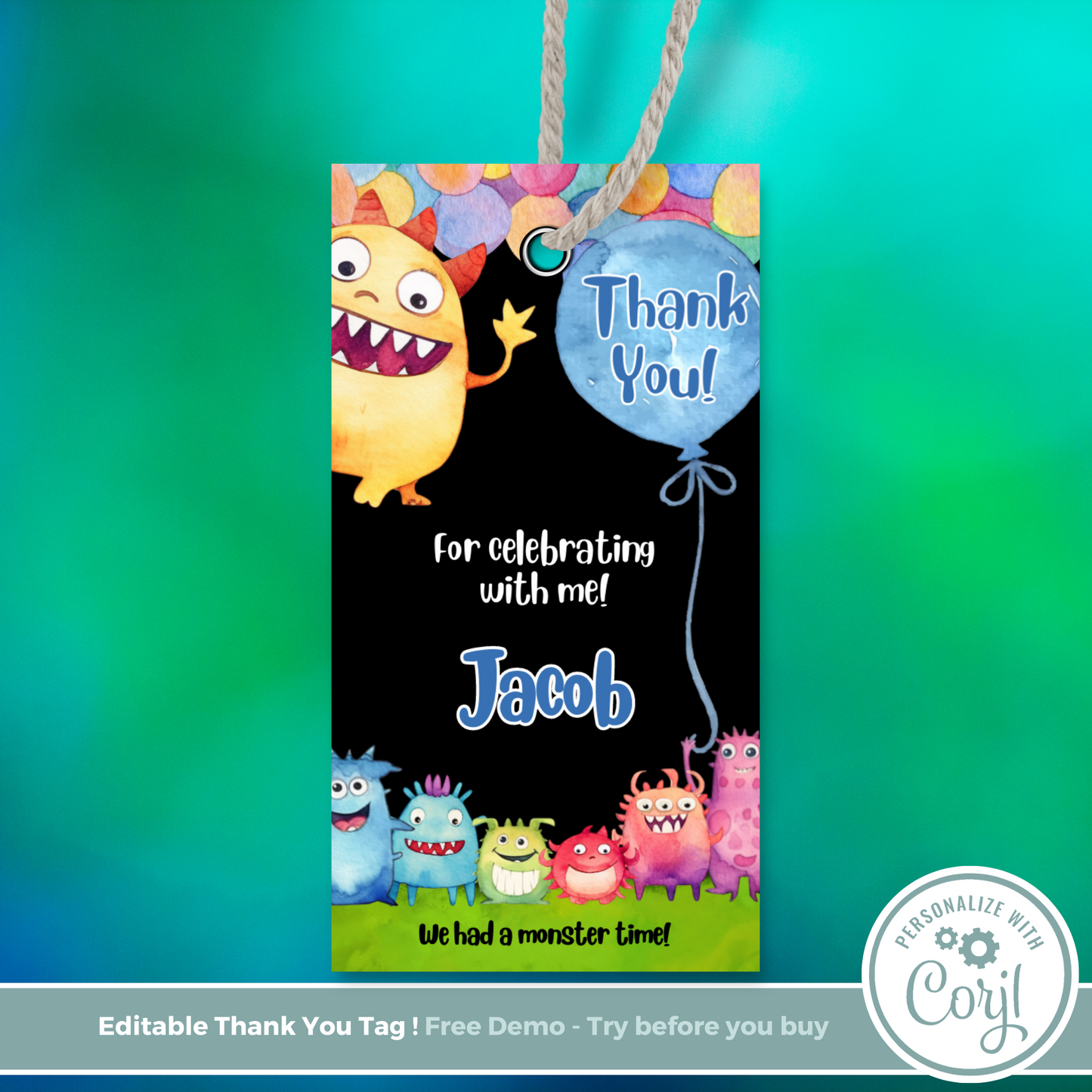 Editable Birthday Thank You Tag - Monster