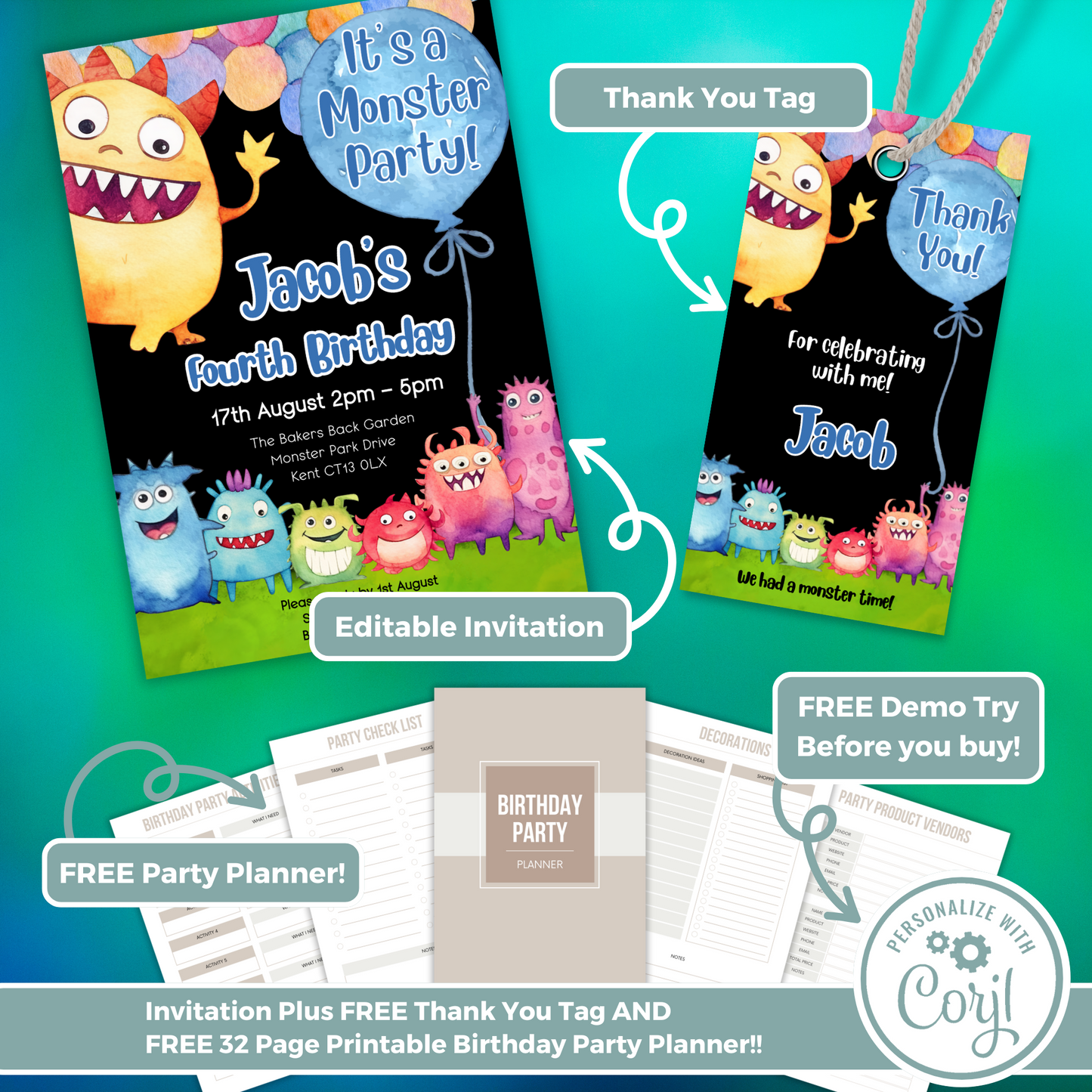 Editable Birthday Invitation and FREE Thank You Tag - Monster