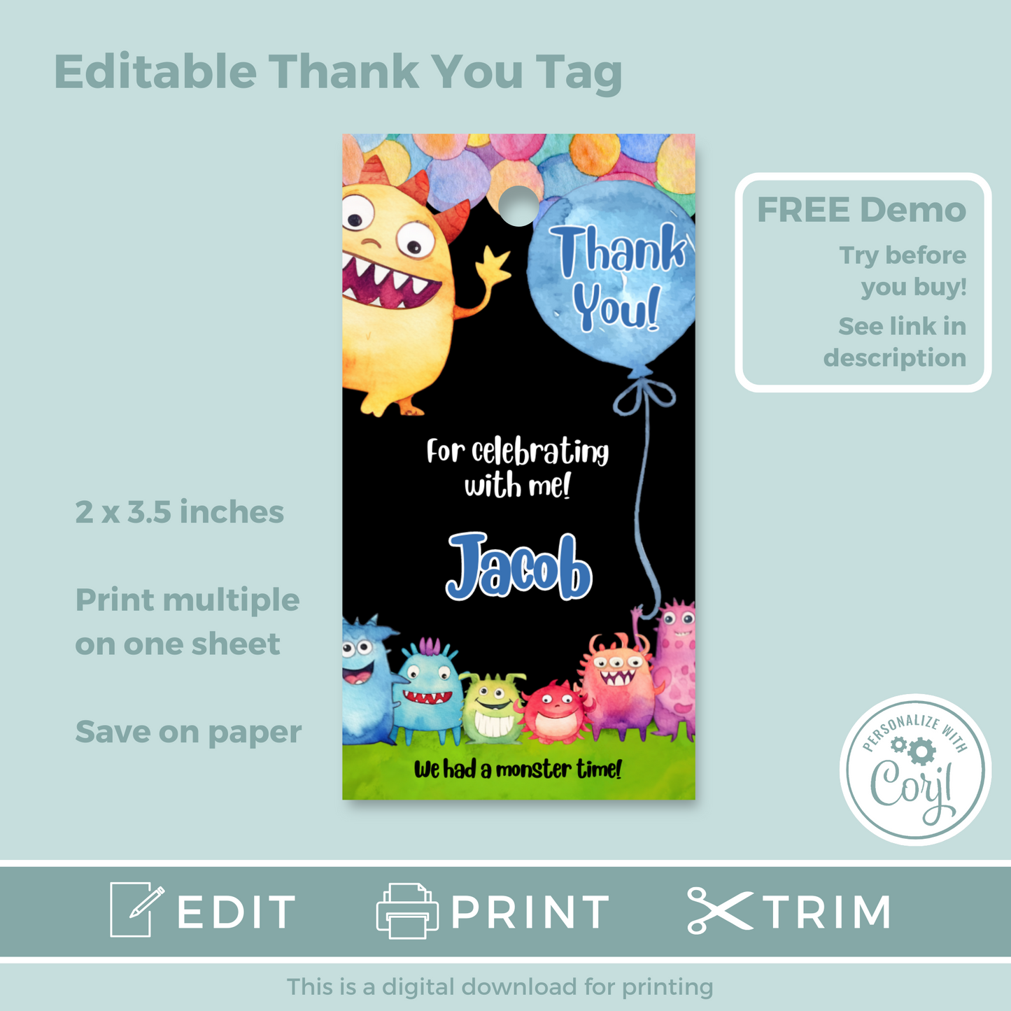 Editable Birthday Thank You Tag - Monster