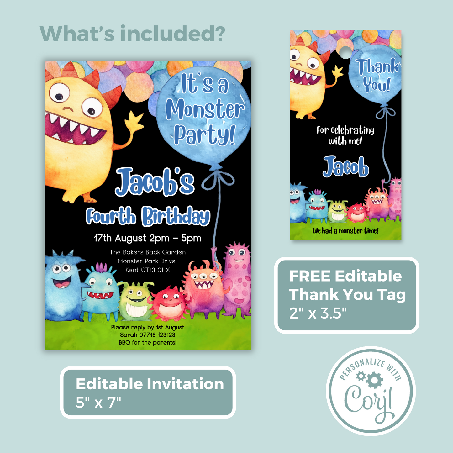 Editable Birthday Invitation and FREE Thank You Tag - Monster