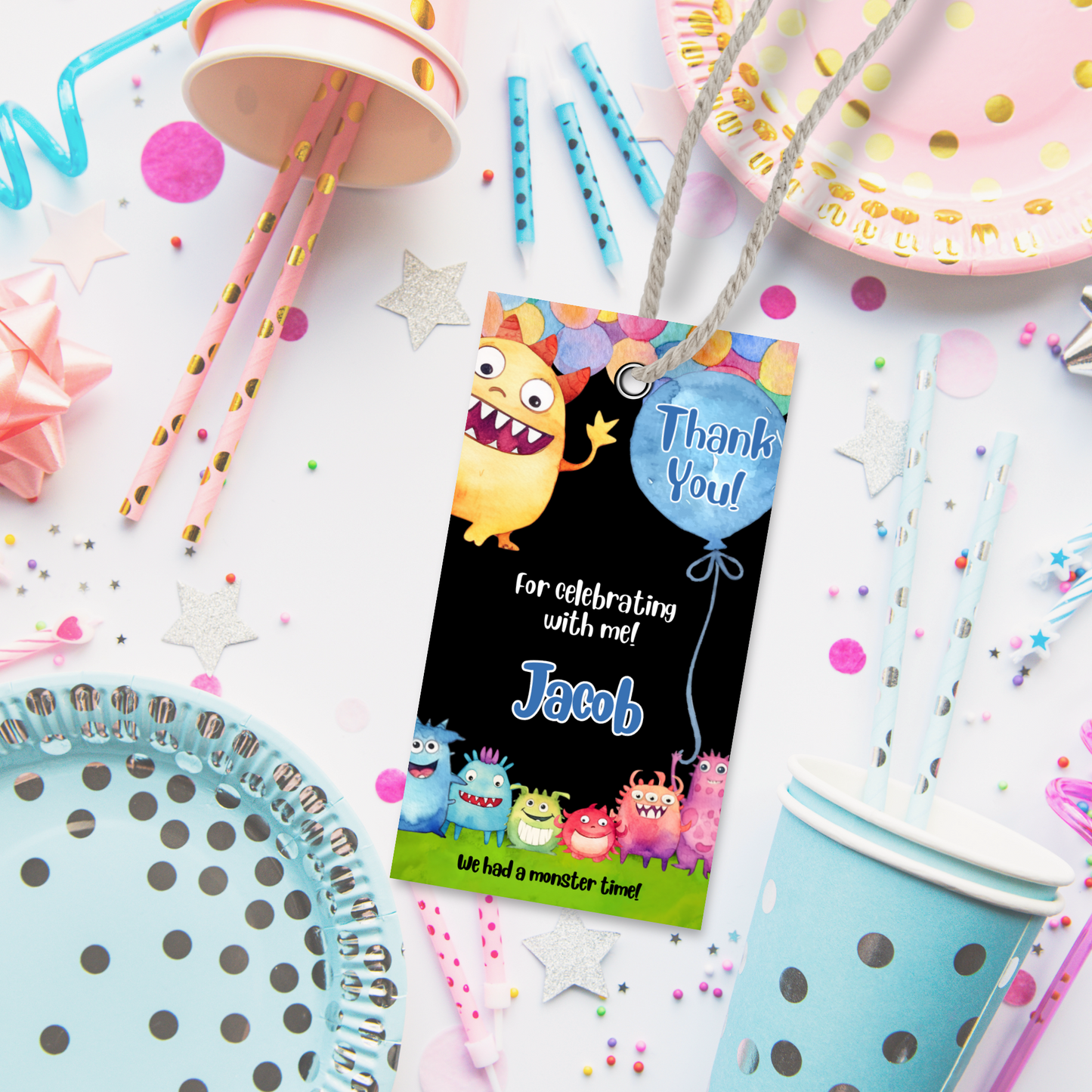 Editable Birthday Thank You Tag - Monster