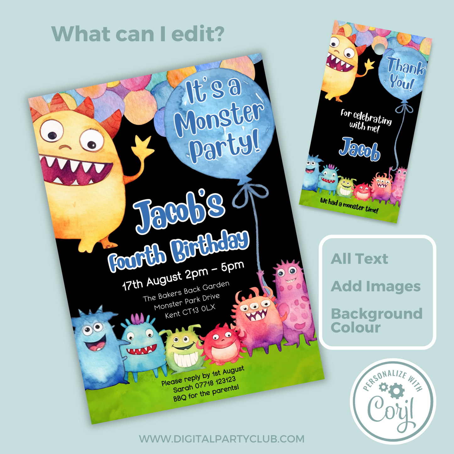 Editable Birthday Invitation and FREE Thank You Tag - Monster