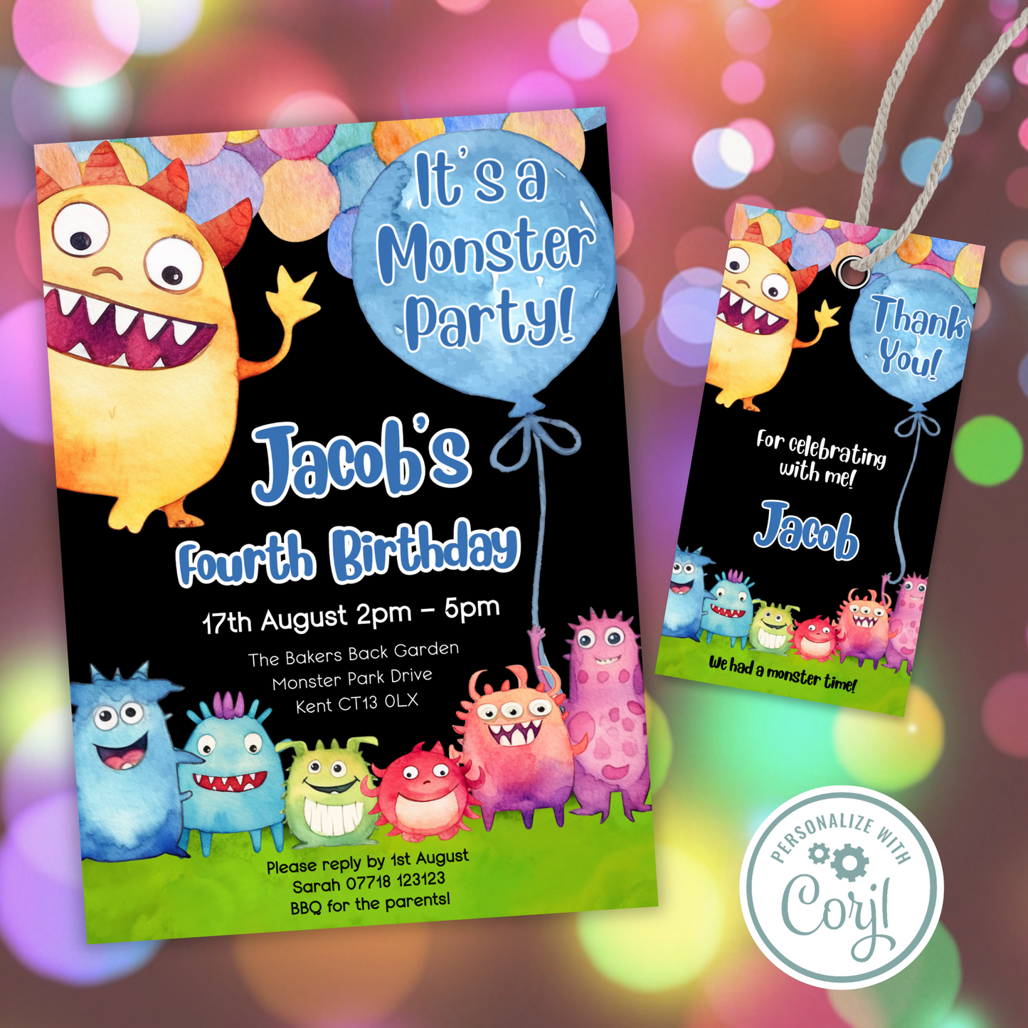 Editable Birthday Invitation and FREE Thank You Tag - Monster