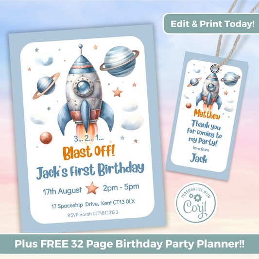 Editable Birthday Invitation and FREE Thank You Tag - Rocket Ship