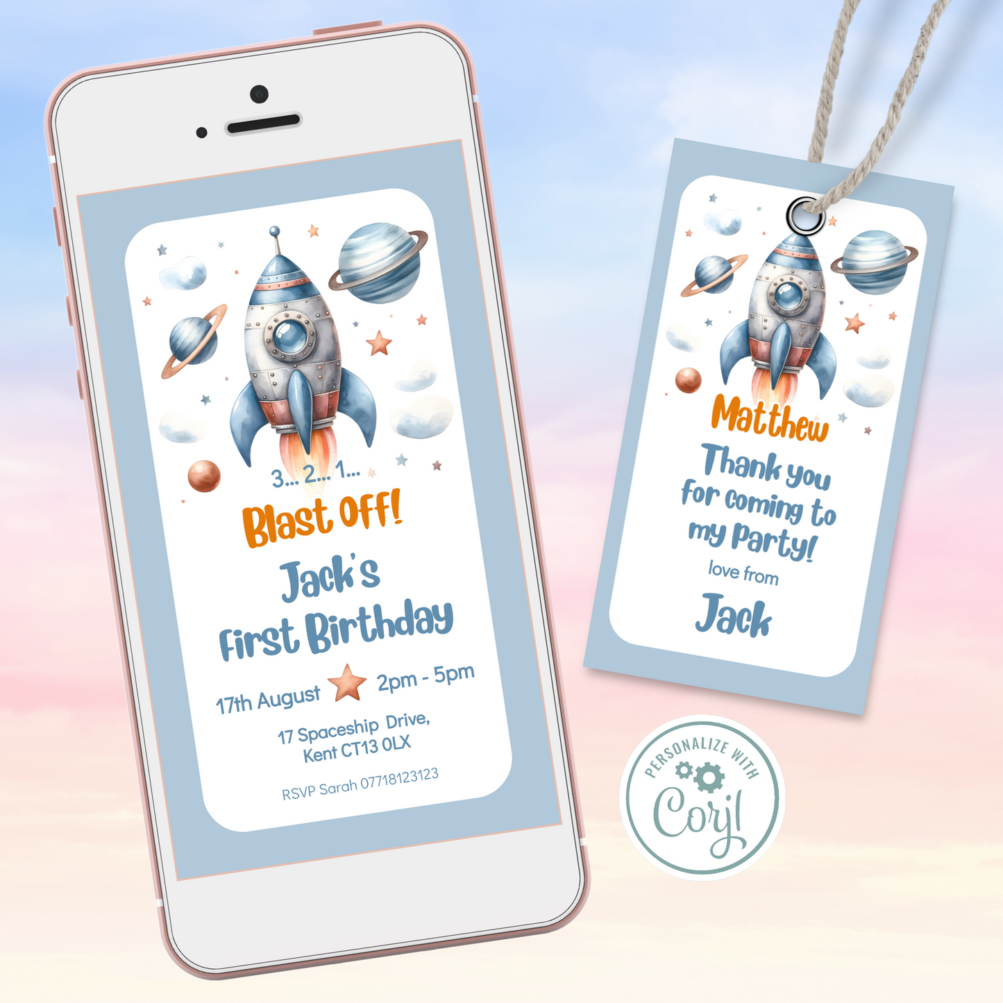 Editable Evite Birthday Invitation and FREE Thank You Tag - Rocket Ship