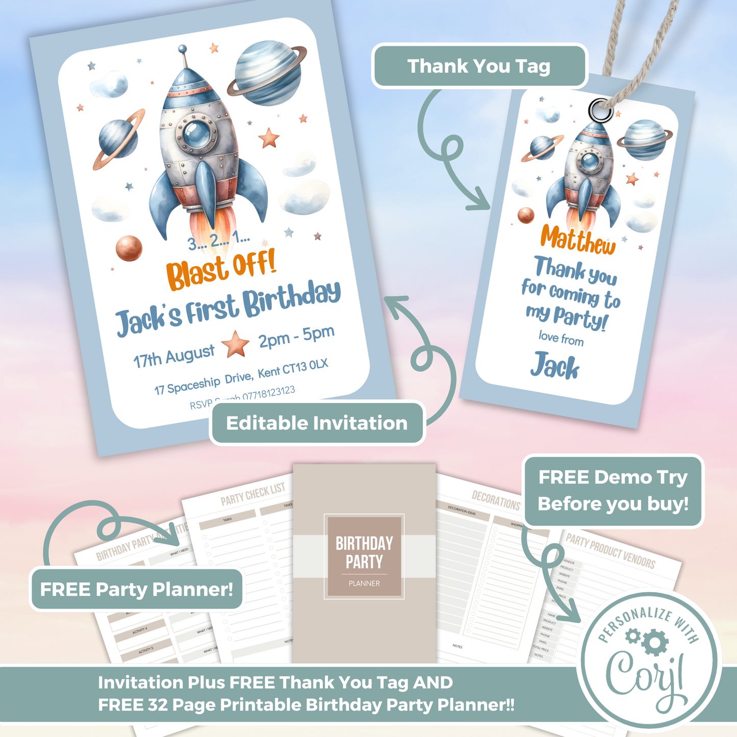 Editable Birthday Invitation and FREE Thank You Tag - Rocket Ship