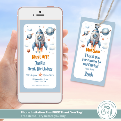 Editable Evite Birthday Invitation and FREE Thank You Tag - Rocket Ship