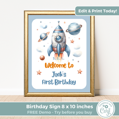 Editable Birthday Welcome Sign - Rocket Ship