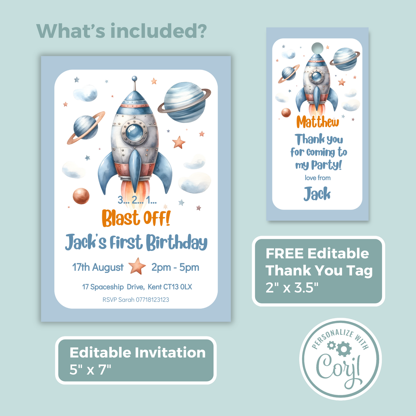 Editable Birthday Invitation and FREE Thank You Tag - Rocket Ship