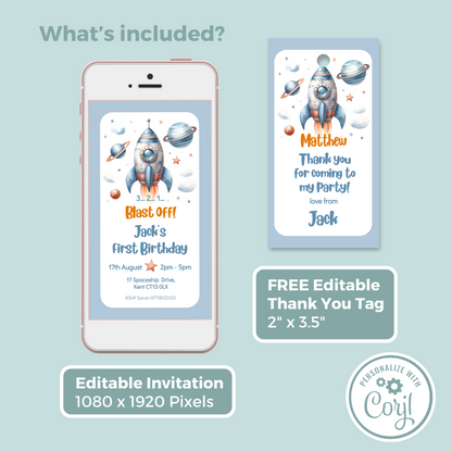 Editable Evite Birthday Invitation and FREE Thank You Tag - Rocket Ship