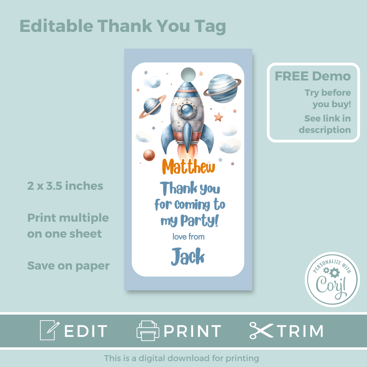 Editable Birthday Thank You Tag - Rocket Ship