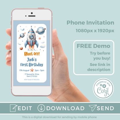 Editable Evite Birthday Invitation and FREE Thank You Tag - Rocket Ship