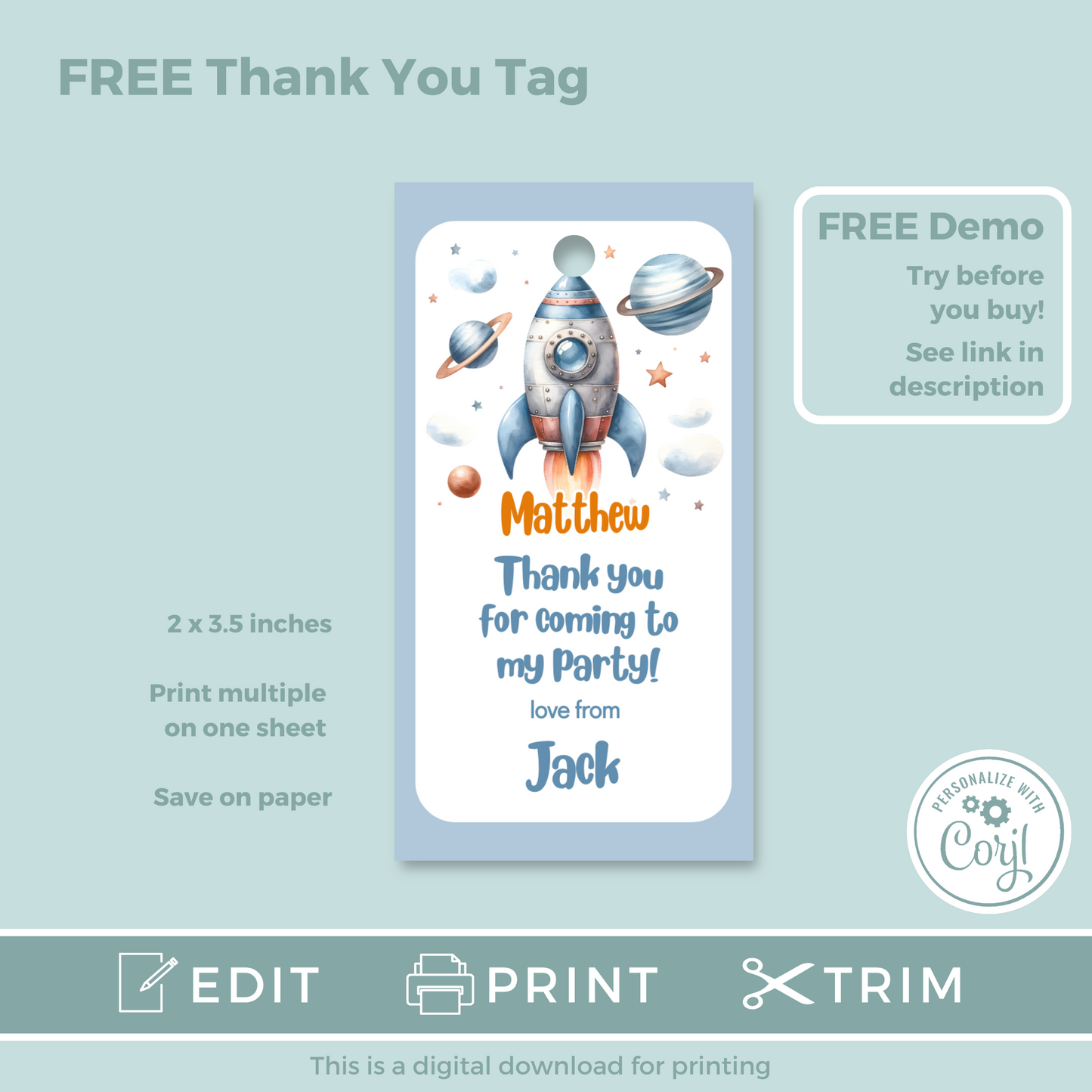 Editable Birthday Invitation and FREE Thank You Tag - Rocket Ship