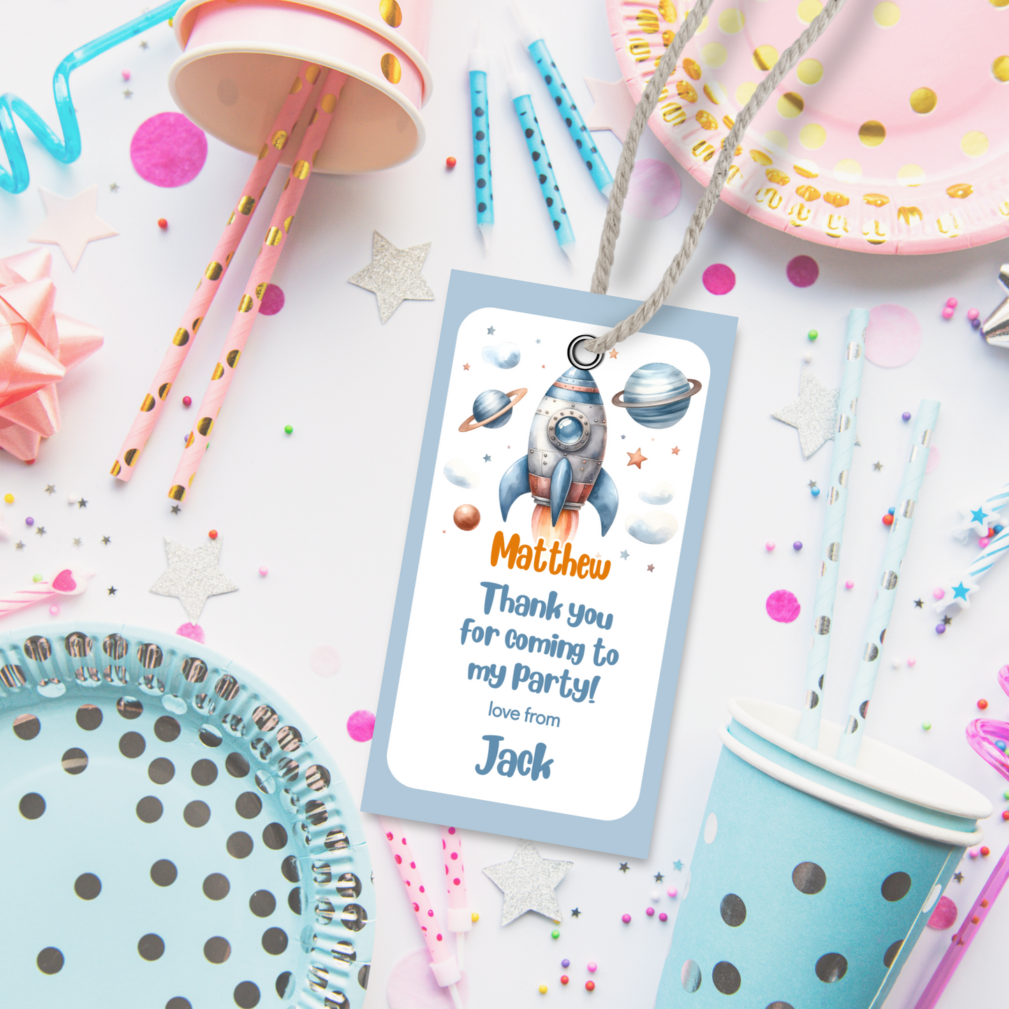 Editable Birthday Thank You Tag - Rocket Ship