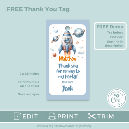 Editable Evite Birthday Invitation and FREE Thank You Tag - Rocket Ship