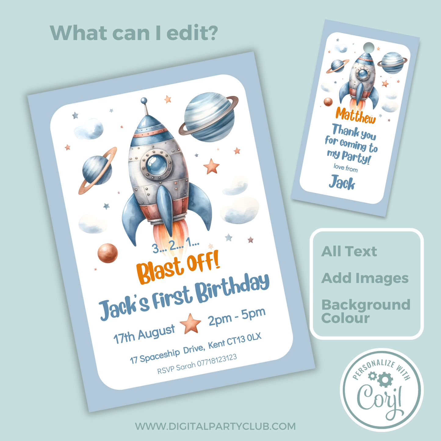 Editable Birthday Invitation and FREE Thank You Tag - Rocket Ship