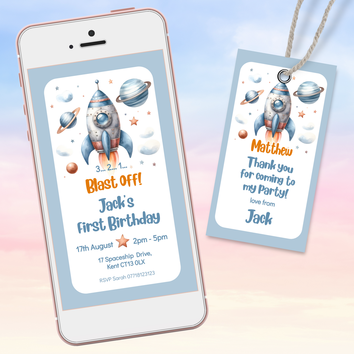 Editable Evite Birthday Invitation and FREE Thank You Tag - Rocket Ship