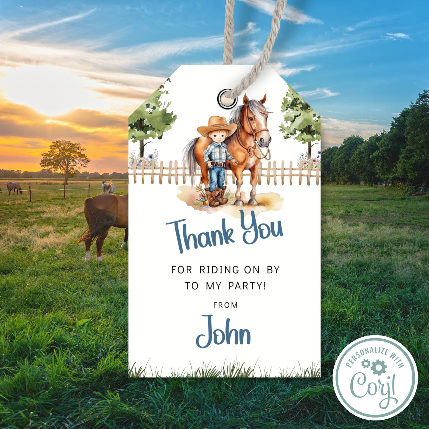 Editable Birthday Thank You Tag - Saddle Up Boy