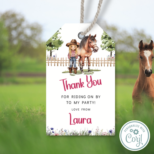 Editable Birthday Thank You Tag - Saddle Up Girl