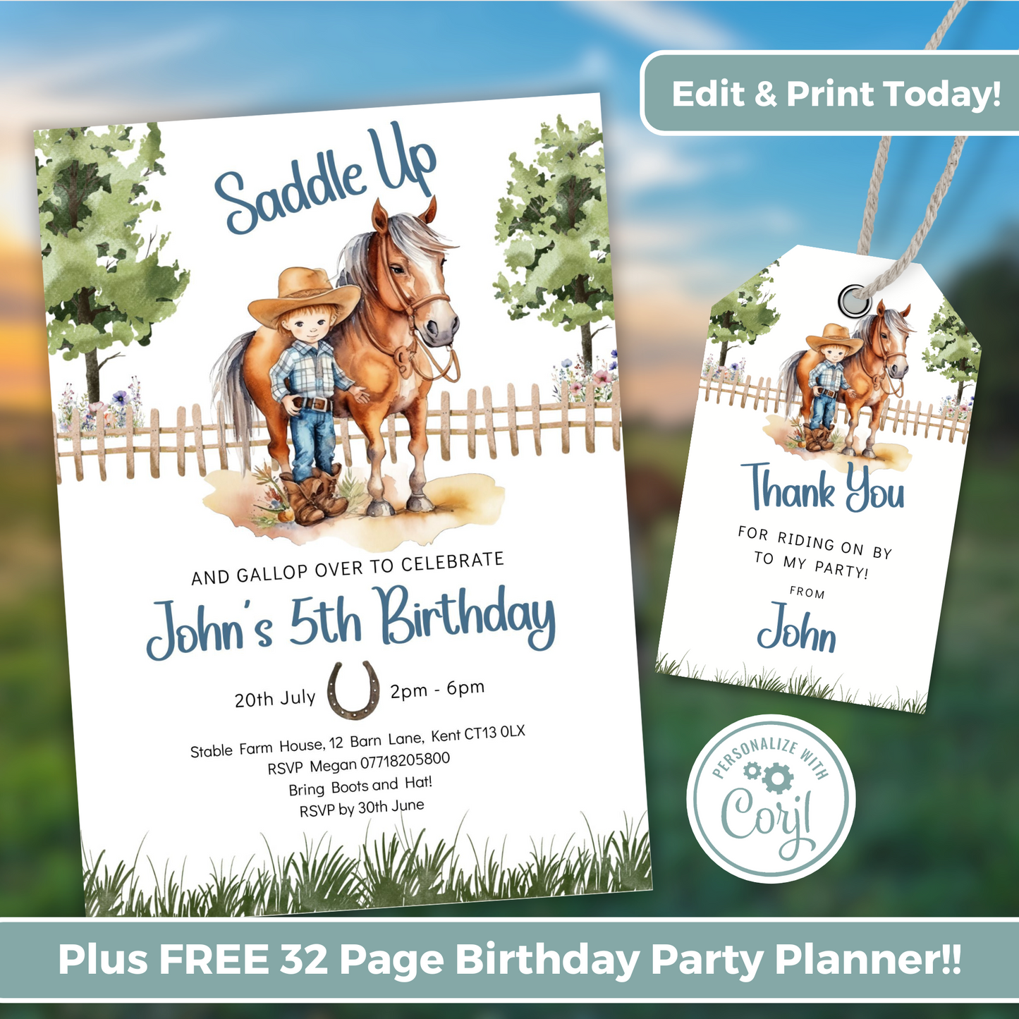 Editable Birthday Invitation and FREE Thank You Tag - Saddle Up Boy