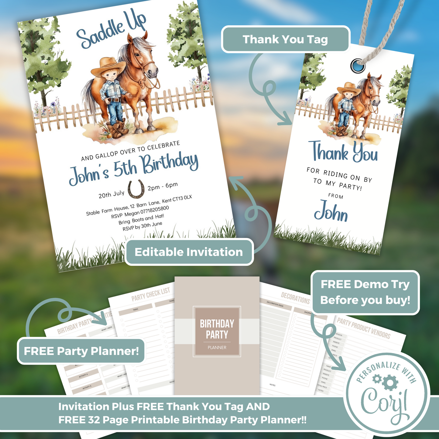 Editable Birthday Invitation and FREE Thank You Tag - Saddle Up Boy