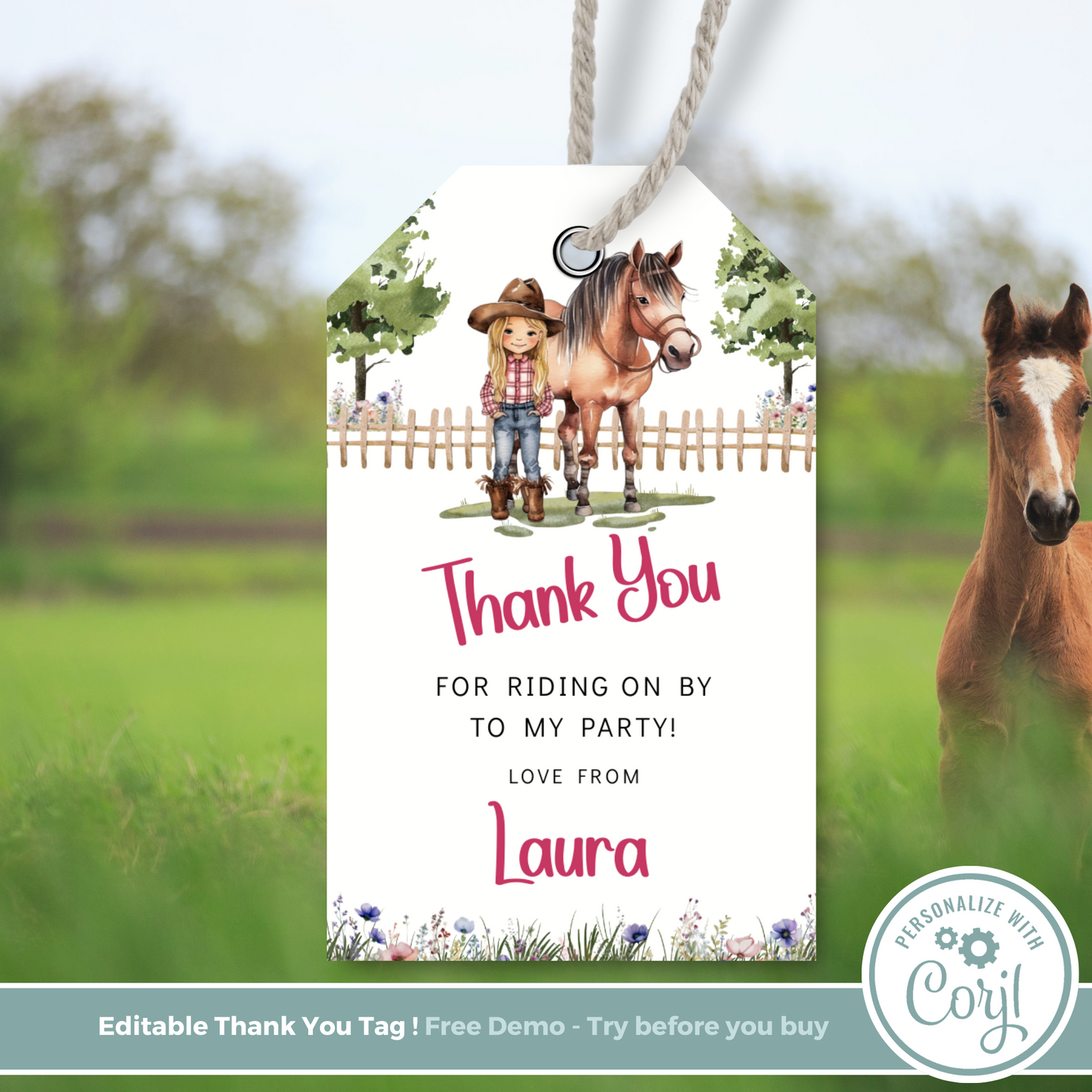 Editable Birthday Thank You Tag - Saddle Up Girl