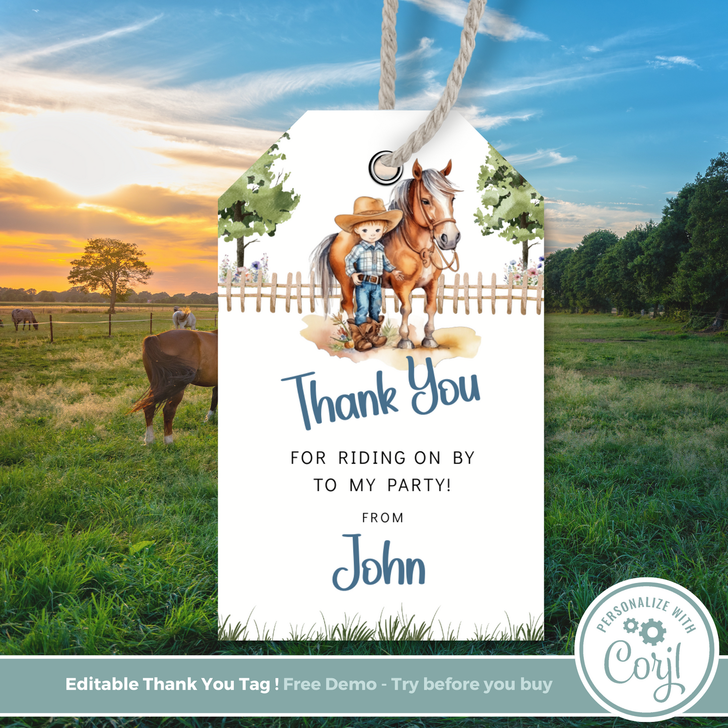 Editable Birthday Thank You Tag - Saddle Up Boy