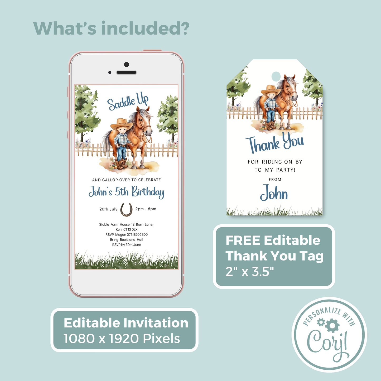 Editable Phone Birthday Invitation and FREE Thank You Tag - Saddle Up Boy