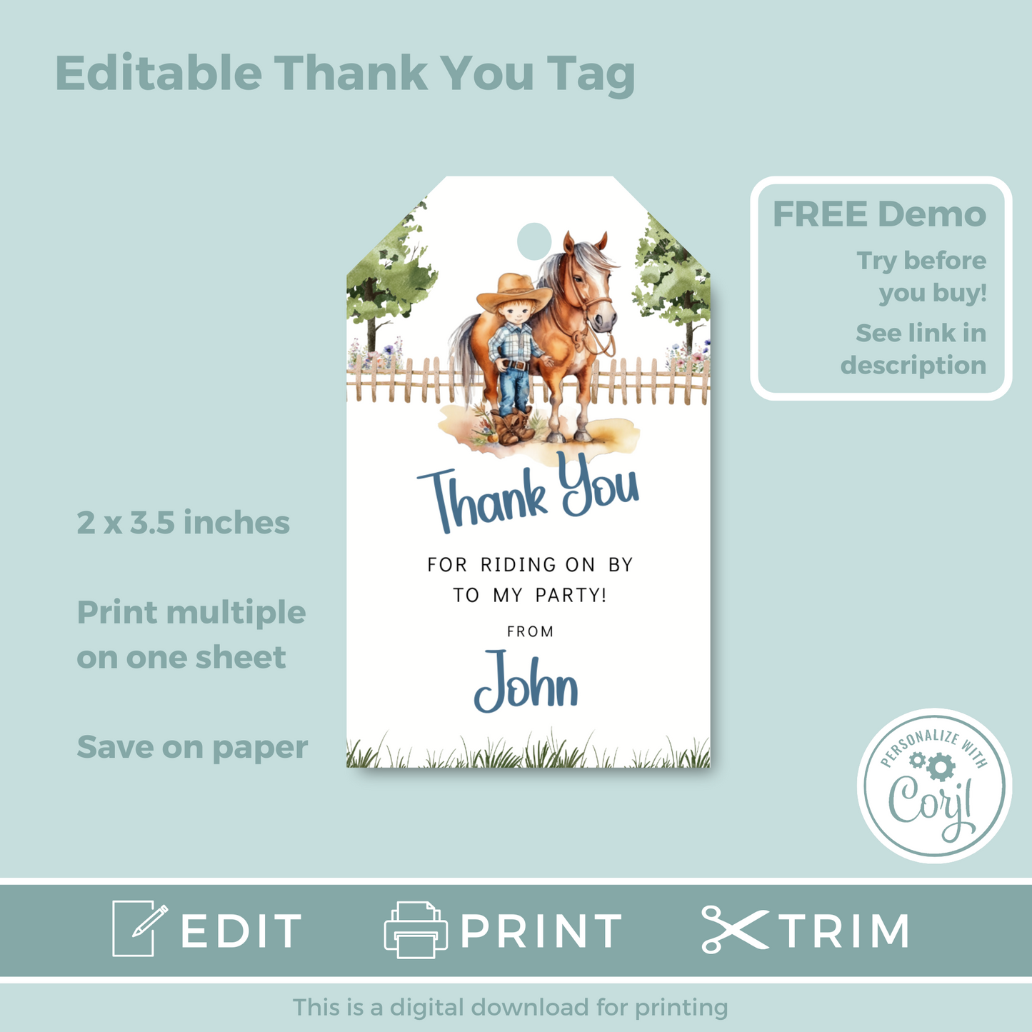 Editable Birthday Thank You Tag - Saddle Up Boy