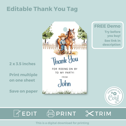 Editable Birthday Thank You Tag - Saddle Up Boy