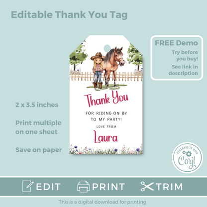 Editable Birthday Thank You Tag - Saddle Up Girl