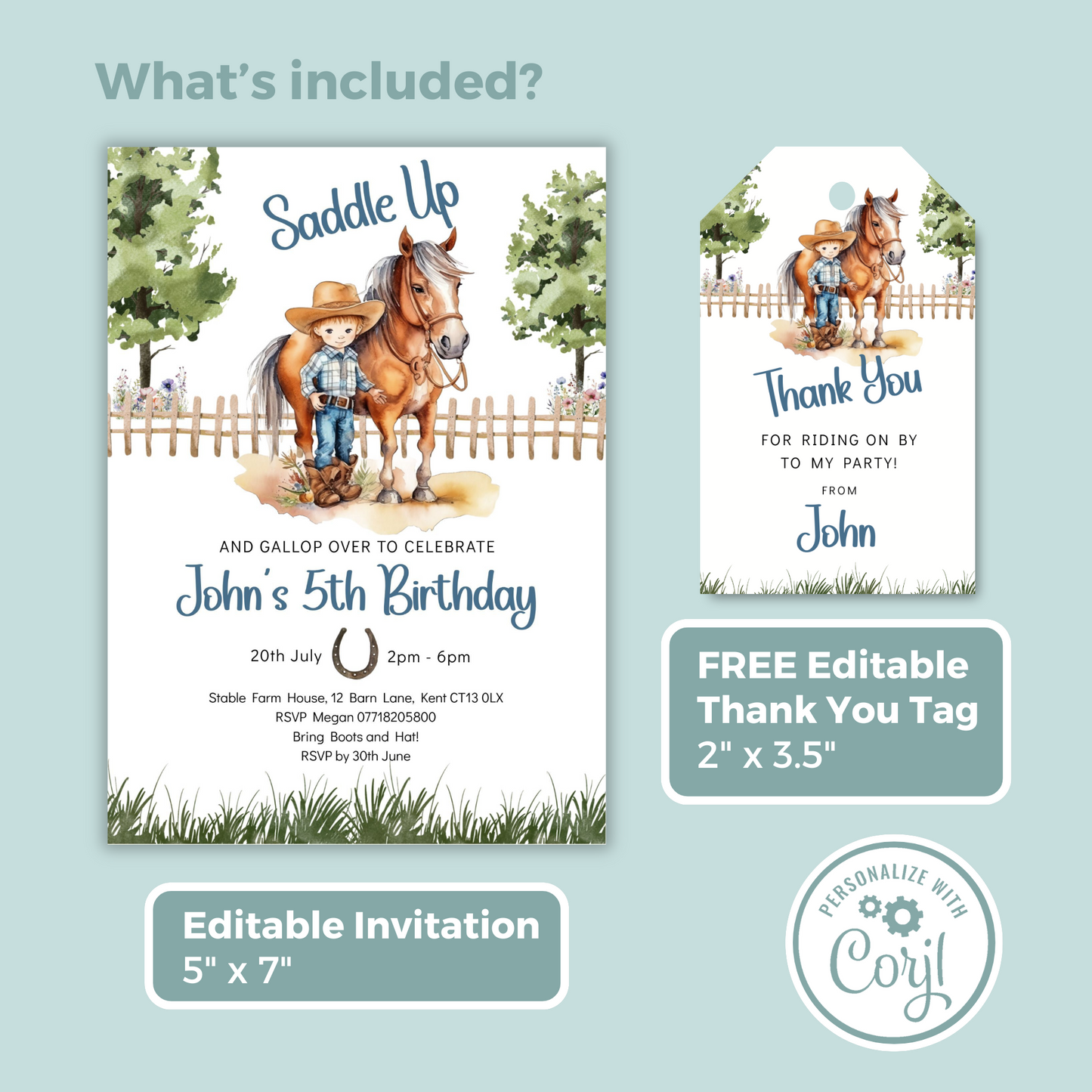 Editable Birthday Invitation and FREE Thank You Tag - Saddle Up Boy